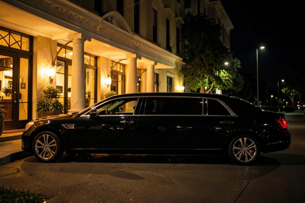 Black stretch limousine parked outside an elegant venue at night