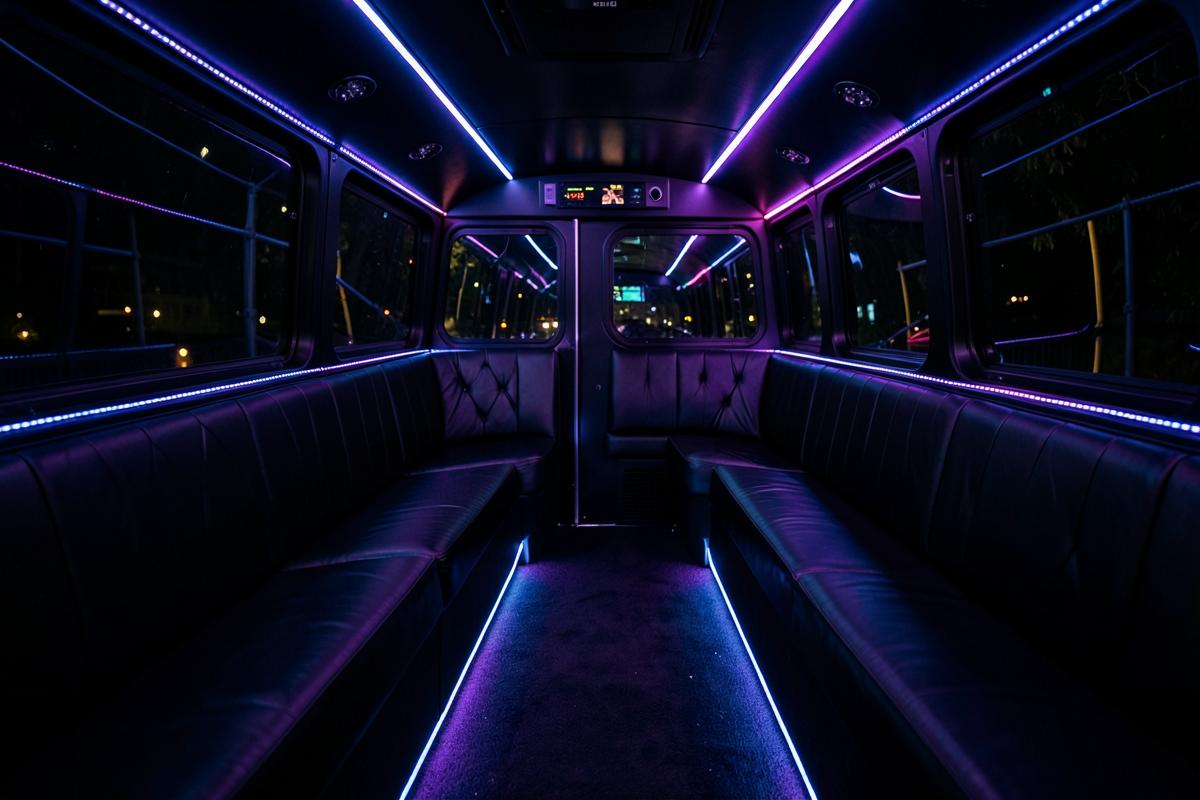 Interior of a luxury party bus with LED accent lighting and leather seating
