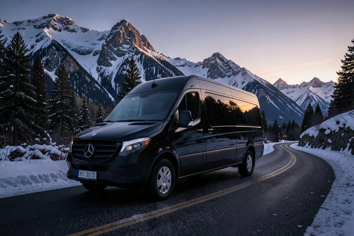 Black Mercedes Sprinter van on a snowy Colorado mountain road