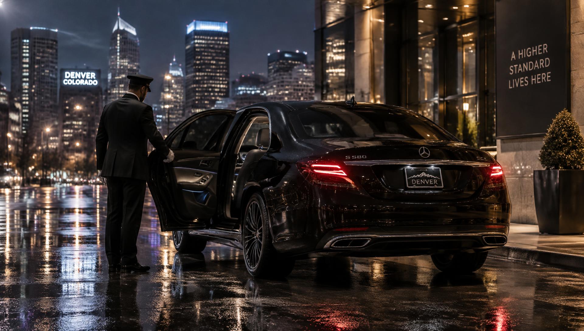 Black executive sedan with chauffeur at night in Denver